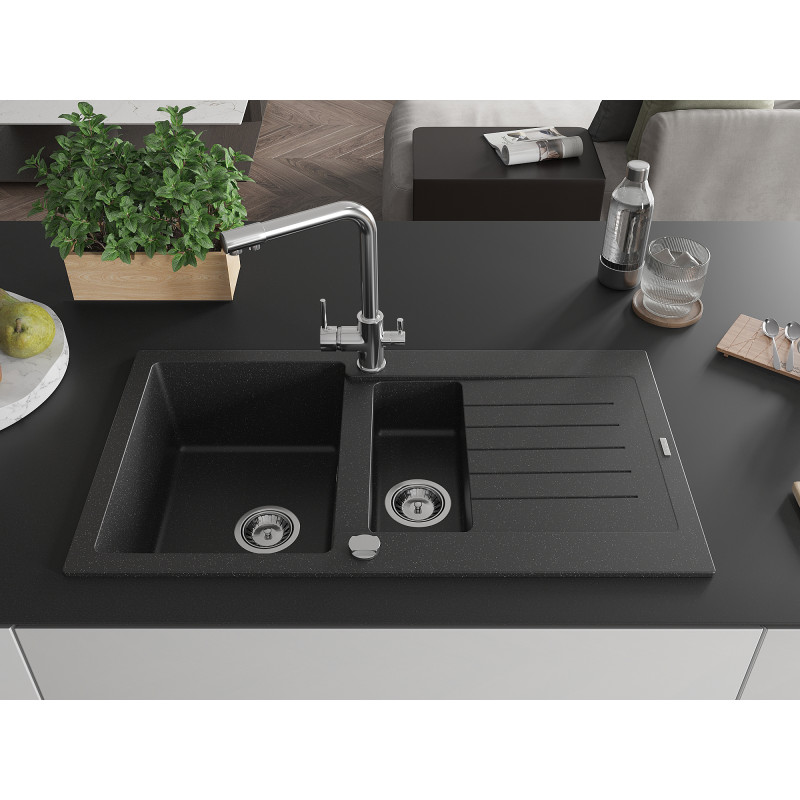 Mexen Matias Granitspüle 1,5-fach mit Abtropffläche und Küchenarmatur Duero, schwarz/silber metallisch - 6502-73-671600-00