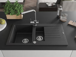 Mexen Matias Granitspüle 1,5 Becken mit Abtropffläche und Küchenarmatur Duero, schwarz/silber metallic - 6502-73-671600-00