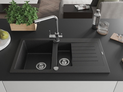 Mexen Matias Granitspüle 1,5-fach mit Abtropffläche und Küchenarmatur Duero, schwarz/silber metallisch - 6502-73-671600-00