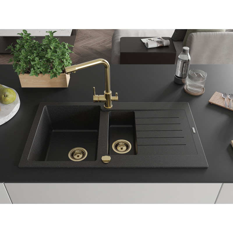 Mexen Matias Granitspüle 1,5-Becken mit Abtropffläche und Küchenarmatur Duero, schwarz/silber metallic- 6502-73-671600-50