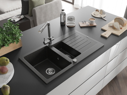 Mexen Matias Granitspüle 1,5-beckig mit Abtropffläche und Küchenarmatur Duero, schwarz/gold metallic - 6502-75-671600-00