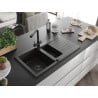 Mexen Matias Granitspüle 1,5-Becken mit Abtropffläche und Küchenarmatur Duero, schwarz/gold - 6502-75-671600-70-B
