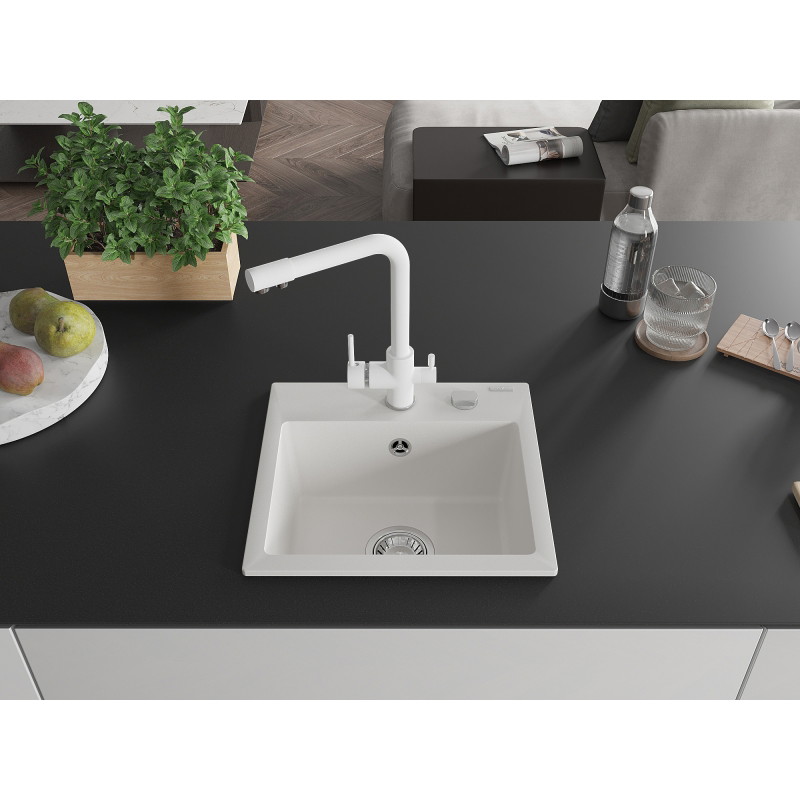 Mexen Milo Granitspüle 1-Becken mit Küchenarmatur Duero, weiß - 6505-20-671600-20