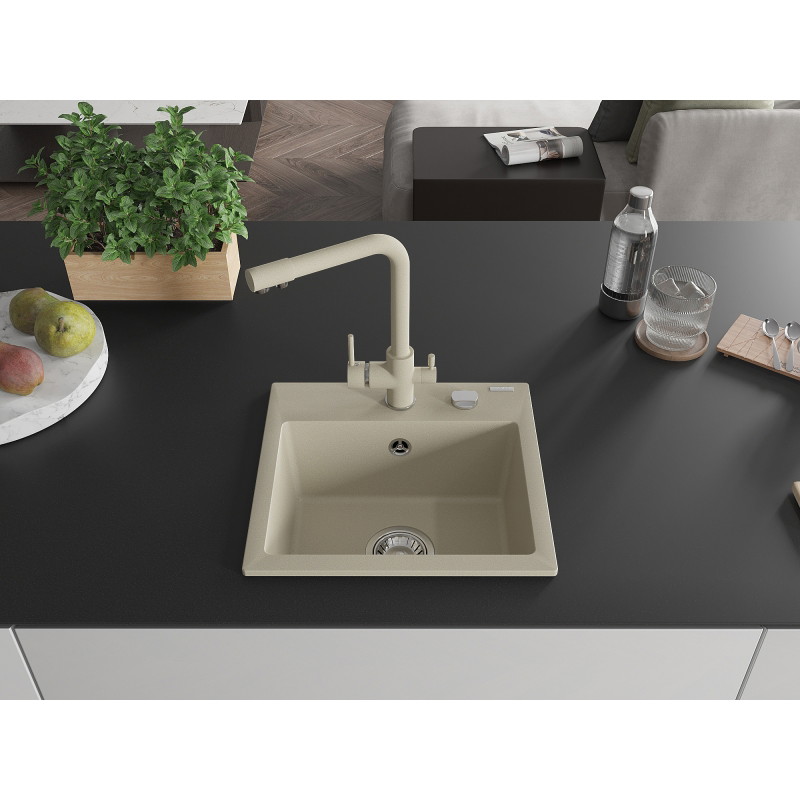 Mexen Milo Granitspüle einbecken mit Küchenarmatur Duero, beige - 6505-69-671600-69