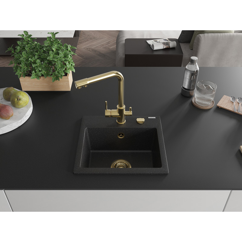 Mexen Milo Granitspüle 1-Kammer mit Küchenarmatur Duero, schwarz/silber metallic - 6505-73-671600-50
