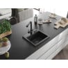 Mexen Milo Granitspüle mit 1 Becken und Küchenarmatur Duero, Schwarz/Silber Metallic - 6505-73-671600-70-B