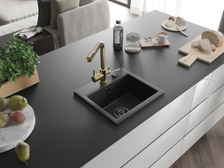 Mexen Milo Granitspüle 1-Becken mit Küchenarmatur Duero, schwarz/gold metallic - 6505-75-671600-50-B