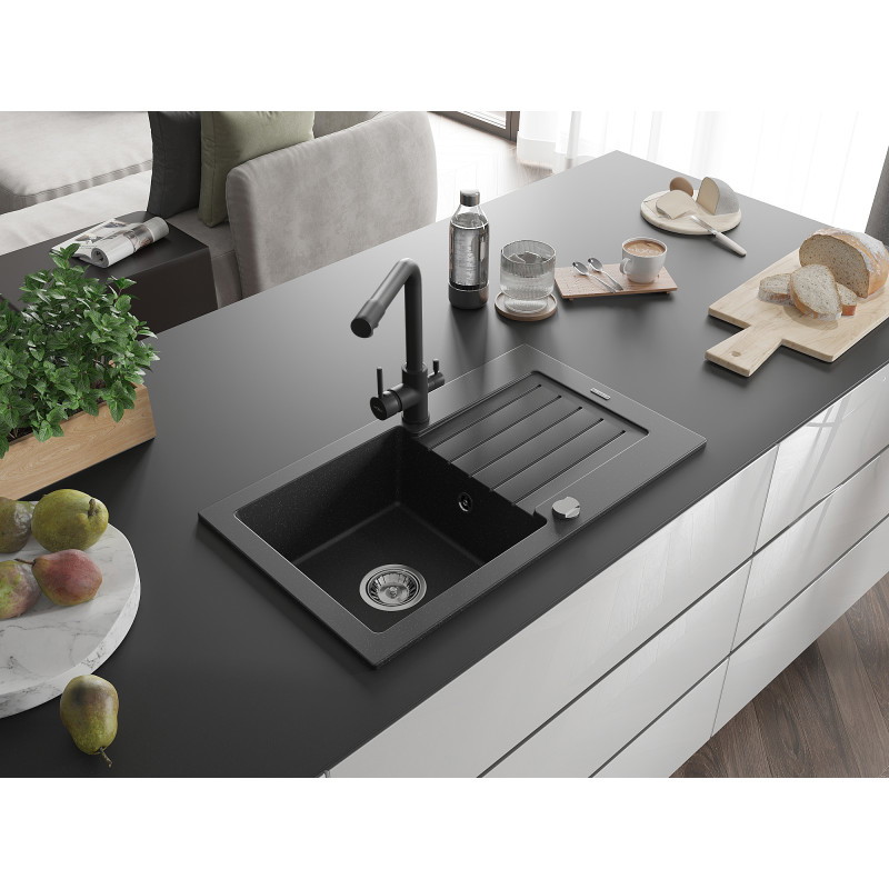 Mexen Pablo Granitspüle 1-Becken mit Abtropffläche und Küchenarmatur Duero, schwarz/silber-metallic - 6510-73-671600-70