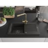 Mexen Pablo Granitspüle 1-beckig mit Ablage und Küchenarmatur Duero, schwarz/gold metallic - 6510-75-671600-50-B