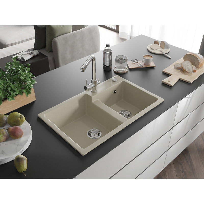 Mexen Tomas Granitspüle 2-Kammer mit Küchenarmatur Duero, beige - 6516-69-671600-00