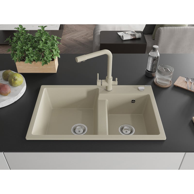 Mexen Tomas Granitspüle mit 2 Becken und Küchenarmatur Duero, beige - 6516-69-671600-69