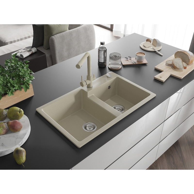 Mexen Tomas Granitspüle Duero, zweikammerig mit Küchenarmatur, beige - 6516-69-671600-69