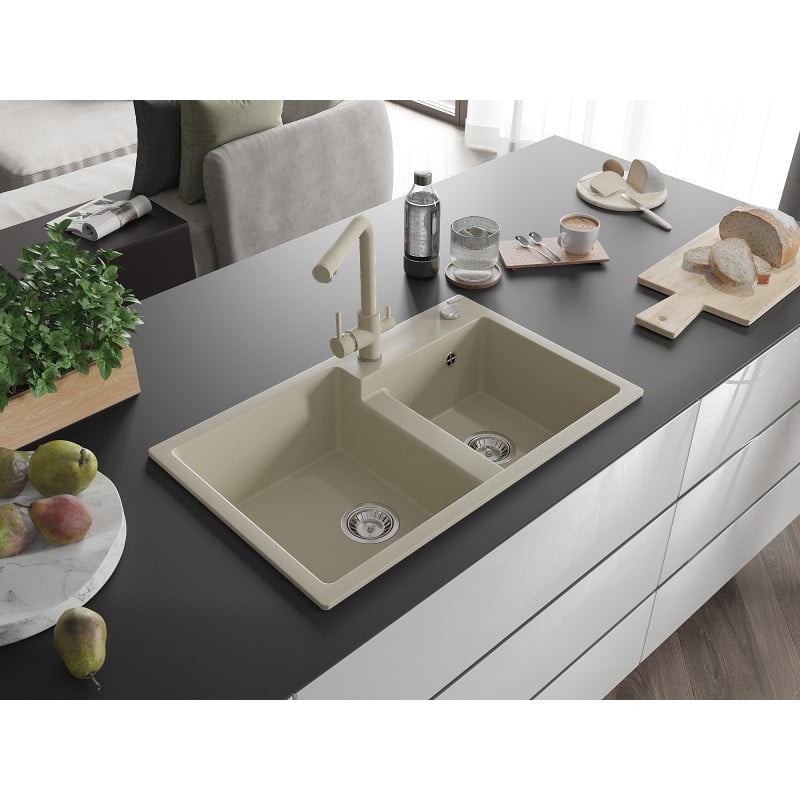 Mexen Tomas Granitspüle mit 2 Becken und Küchenarmatur Duero, beige - 6516-69-671600-69