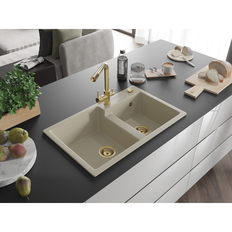 Mexen Tomas 2-Kammer Granitspüle mit Küchenarmatur Duero, beige - 6516-69-671600-50