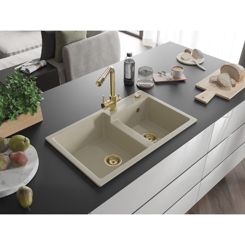 Mexen Tomas Granitspüle 2-Kammern mit Küchenarmatur Duero, beige - 6516-69-671600-50