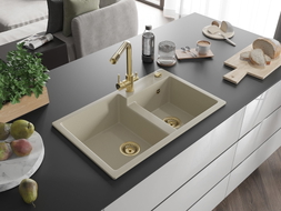 Mexen Tomas Granitspüle 2-Kammern mit Küchenarmatur Duero, beige - 6516-69-671600-50
