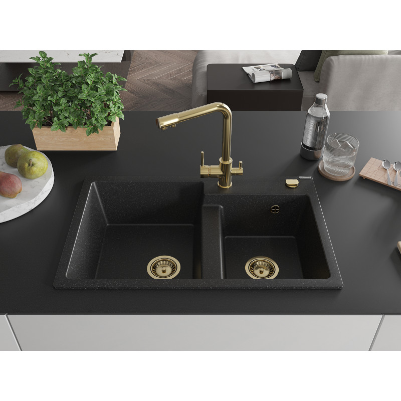 Mexen Tomas Granitspüle 2-Kammer mit Küchenarmatur Duero, schwarz/silber metallisch - 6516-73-671600-50
