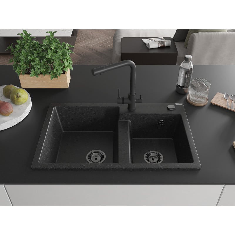 Mexen Tomas Granitspüle 2-Kammer mit Küchenarmatur Duero, schwarz/silber metallic - 6516-73-671600-70-B