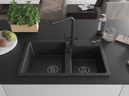 Mexen Tomas Granitspüle 2-Kammer mit Küchenarmatur Duero, schwarz/silber metallic - 6516-73-671600-70-B