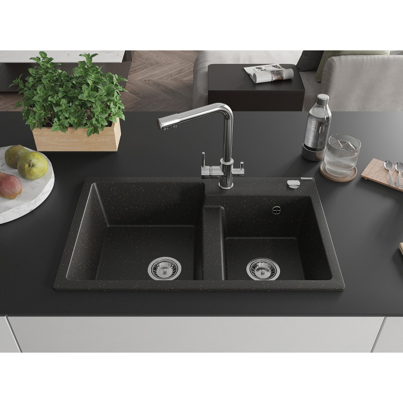 Mexen Tomas Granitspüle 2-Kammern mit Küchenarmatur Duero, schwarz/gold metallic - 6516-75-671600-00