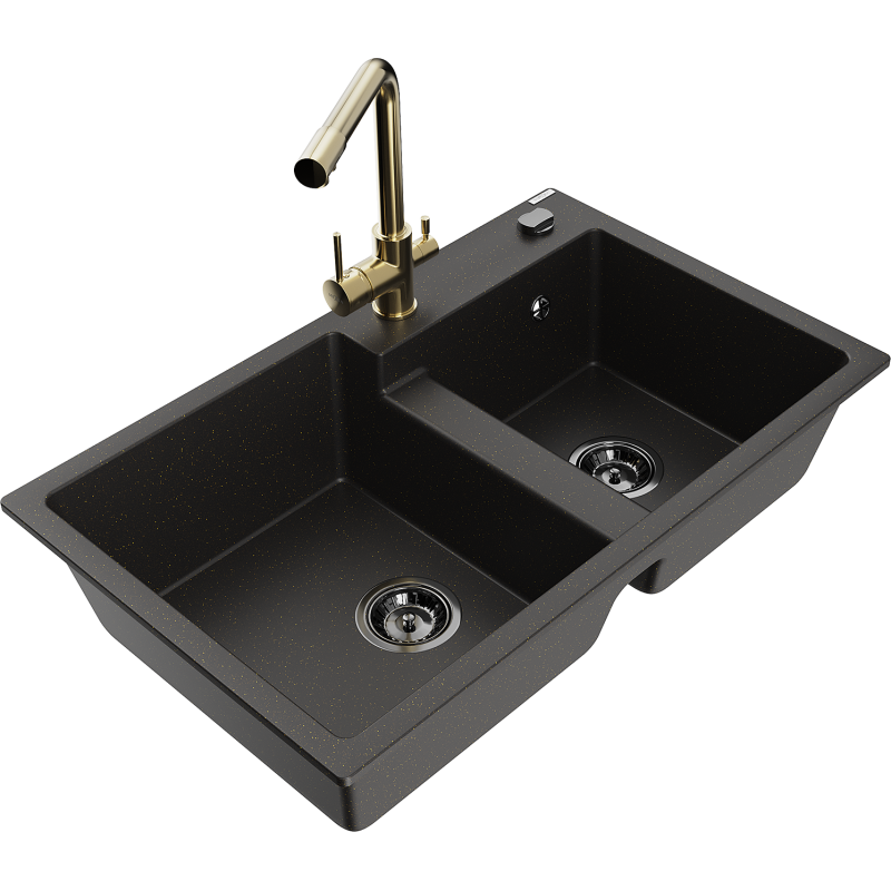 Mexen Tomas Granitspüle 2-Kammer mit Küchenarmatur Duero, schwarz/gold metallic - 6516-75-671600-50-B