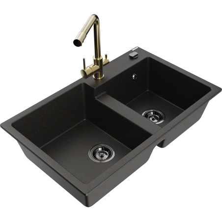 Mexen Tomas Granitspüle 2-Kammer mit Küchenarmatur Duero, schwarz/gold metallic - 6516-75-671600-50-B