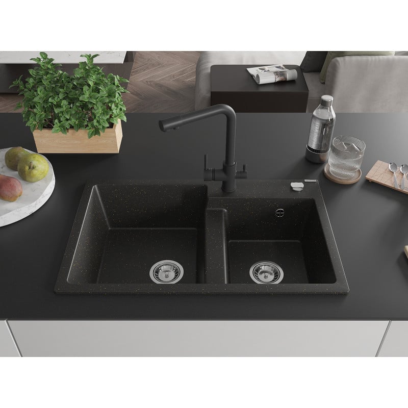 Mexen Tomas Granitspüle 2-Kammer mit Küchenarmatur Duero, schwarz/gold metallic - 6516-75-671600-70