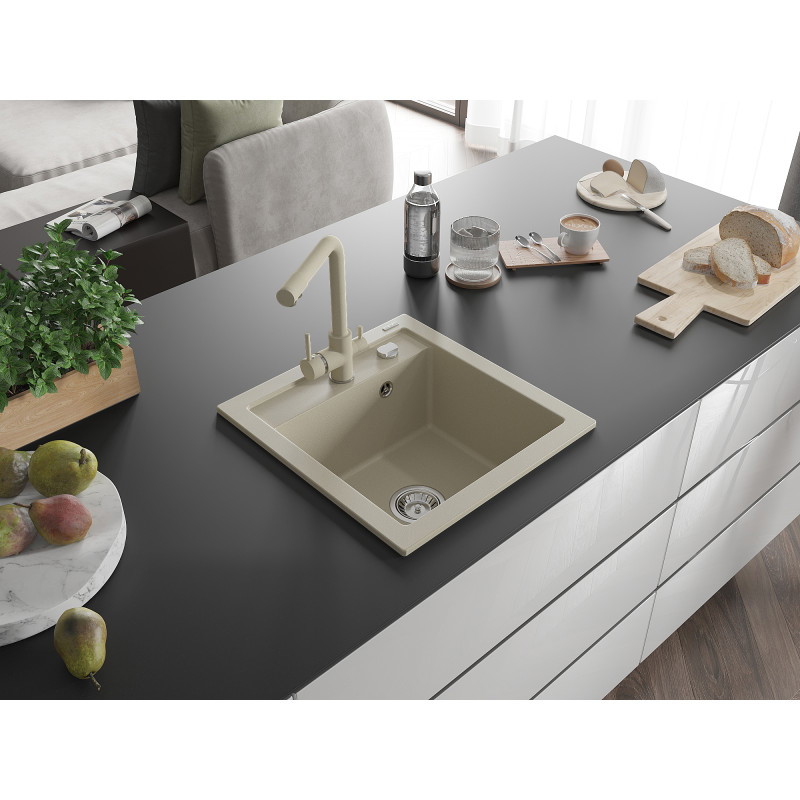 Mexen Vito Granitspüle 1-Kammer mit Küchenarmatur Duero, beige - 6503-69-671600-69