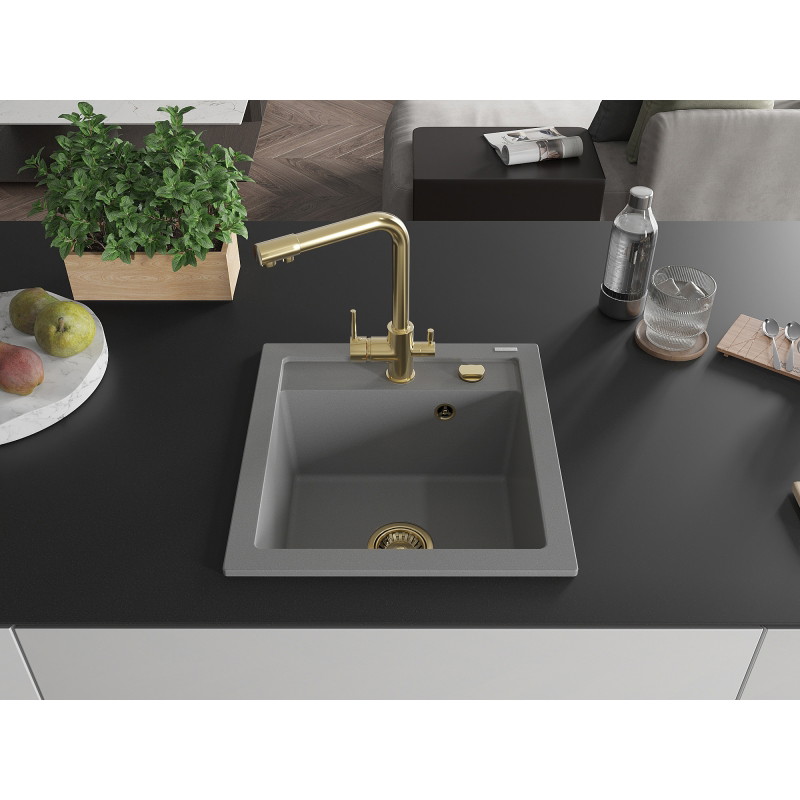 Mexen Vito 1-Schüssel Granitspüle mit Küchenarmatur Duero, grau - 6503-71-671600-50
