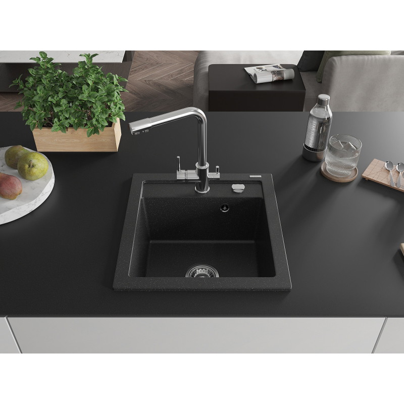 Mexen Vito Granitspüle 1-Becken mit Küchenarmatur Duero, schwarz/silber metallic - 6503-73-671600-00