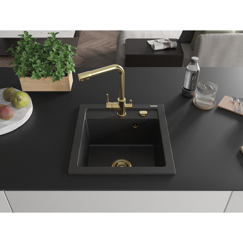 Mexen Vito Granitspüle 1-Becken mit Küchenarmatur Duero, schwarz/silber metallic - 6503-73-671600-50