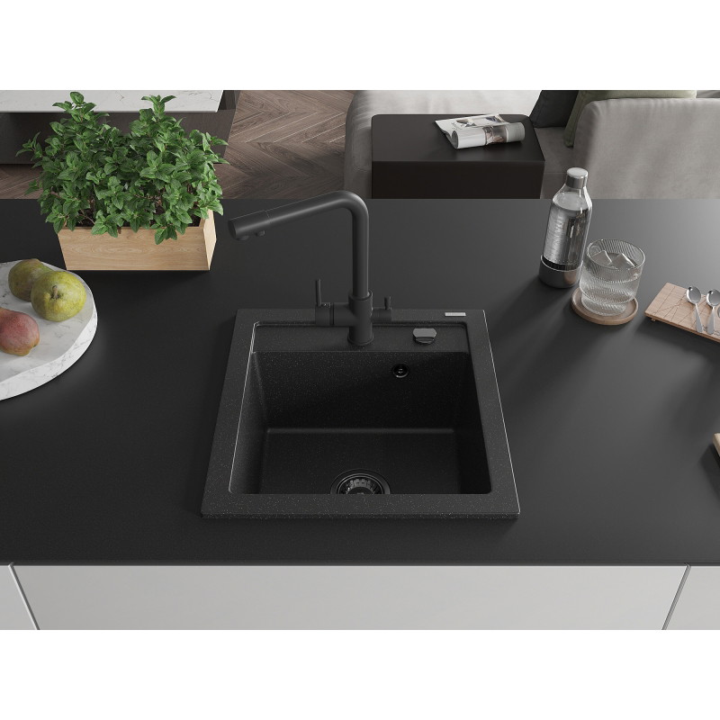 Mexen Vito Einzelbecken Granitspüle mit Küchenarmatur Duero, schwarz/silber metallic - 6503-73-671600-70-B