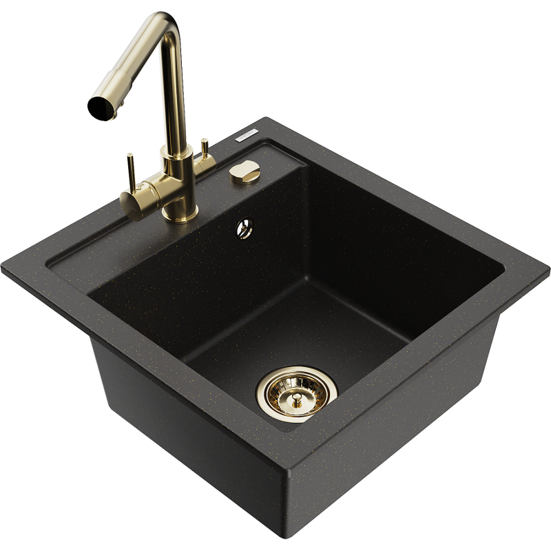 Mexen Vito Granitspüle 1-Becken mit Küchenarmatur Duero, schwarz/goldenes Metallic - 6503-75-671600-50