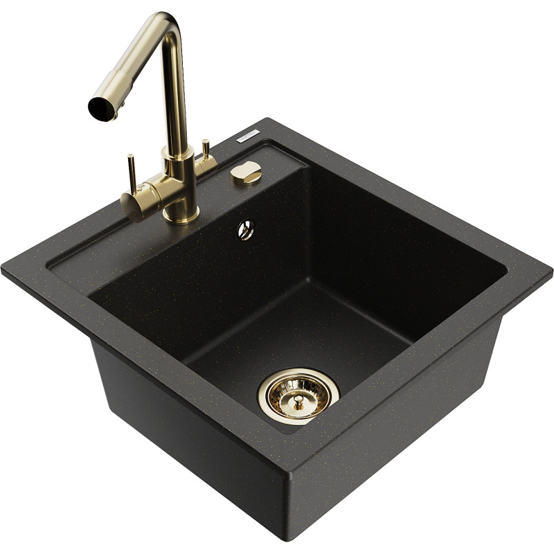 Mexen Vito Granitspüle 1-beckig mit Küchenarmatur Duero, schwarz/gold metallic - 6503-75-671600-50