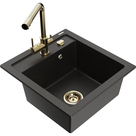 Mexen Vito Granitspüle 1-Becken mit Küchenarmatur Duero, schwarz/goldenes Metallic - 6503-75-671600-50