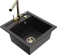 Mexen Vito Granitspüle 1-Becken mit Küchenarmatur Duero, schwarz/goldenes Metallic - 6503-75-671600-50