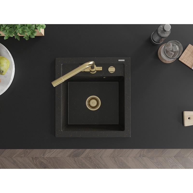 Mexen Vito Granitspüle 1-Becken mit Küchenarmatur Duero, schwarz/goldenes Metallic - 6503-75-671600-50