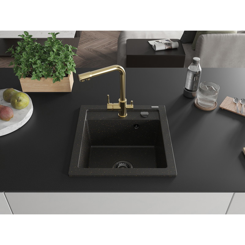 Mexen Vito Granitspüle 1-becken mit Küchenarmatur Duero, schwarz/gold metallic - 6503-75-671600-50-B