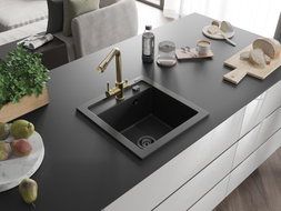 Mexen Vito Granitspüle 1-Becken mit Küchenarmatur Duero, schwarz - 6503-77-671600-50-B