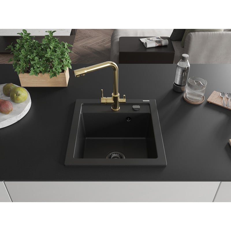 Mexen Vito Granitspüle 1-Becken mit Küchenarmatur Duero, schwarz - 6503-77-671600-50-B