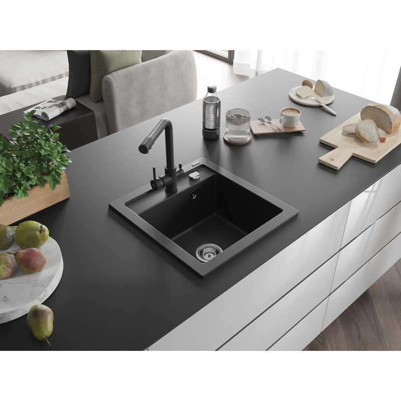 Mexen Vito Granitspüle 1-Becken mit Küchenarmatur Duero, schwarz - 6503-77-671600-70