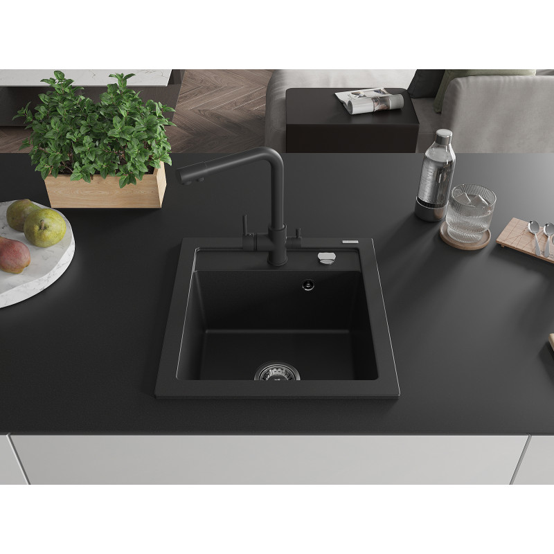 Mexen Vito Granitspüle 1-Becken mit Küchenarmatur Duero, schwarz - 6503-77-671600-70