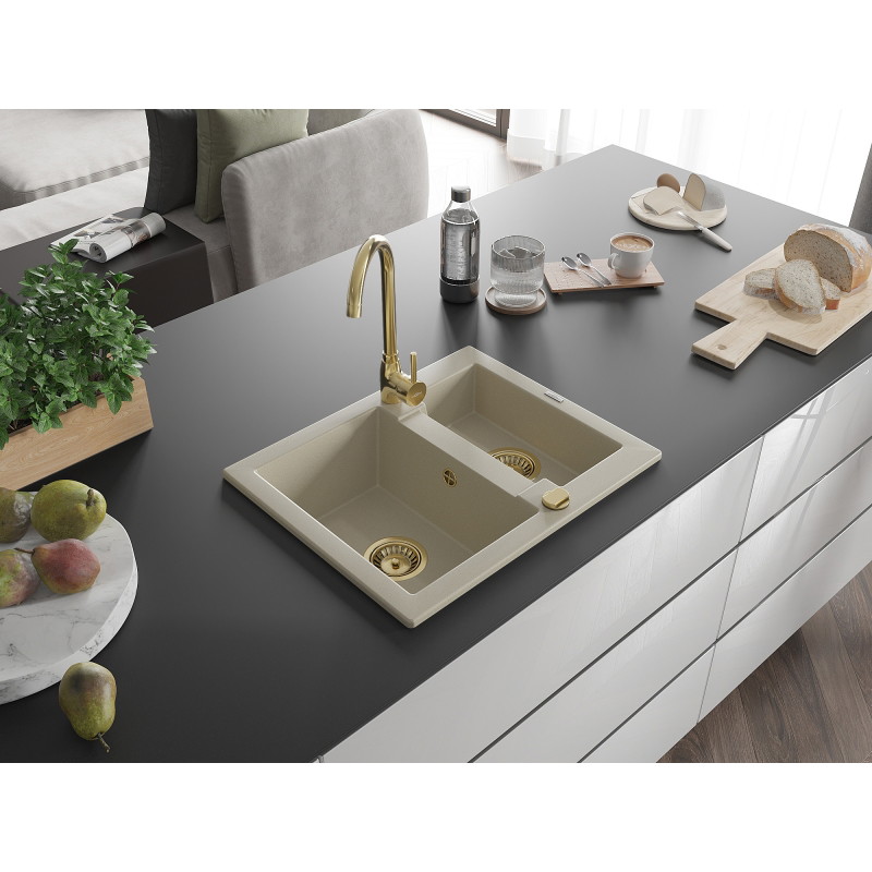 Mexen Carlos Granitspüle 1,5-fach mit Küchenarmatur Telma, beige - 6518-69-670200-50