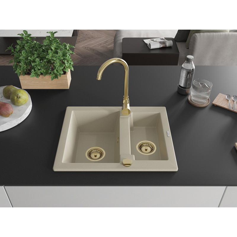 Mexen Carlos Granitspüle 1,5-Kammer mit Küchenarmatur Telma, beige - 6518-69-670200-50