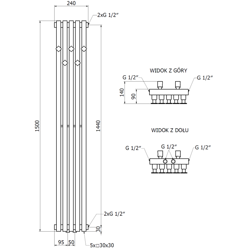 Mexen Flux Dekorativer Badezimmerheizkörper 1500 x 340 mm, 630 W, weiß - W127-1500-360-00-20