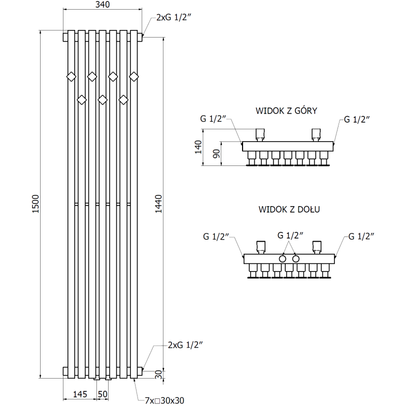 Mexen Flux Dekorativer Badheizkörper 1500 x 340 mm, 630 W, Anthrazit - W127-1500-360-00-66