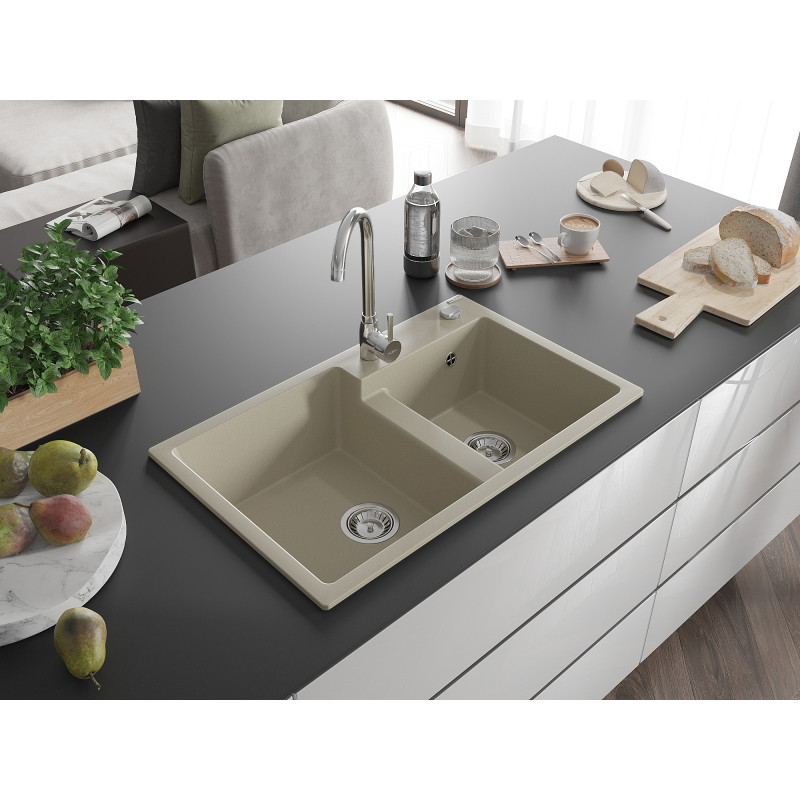 Mexen Tomas Granitspüle 2-fach mit Küchenarmatur Telma, beige - 6516-69-670200-00