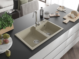 Mexen Tomas Granitspüle 2-fach mit Küchenarmatur Telma, beige - 6516-69-670200-00