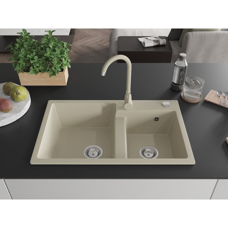 Mexen Tomas Granitspüle 2-beckig mit Küchenarmatur Telma, beige - 6516-69-670200-69
