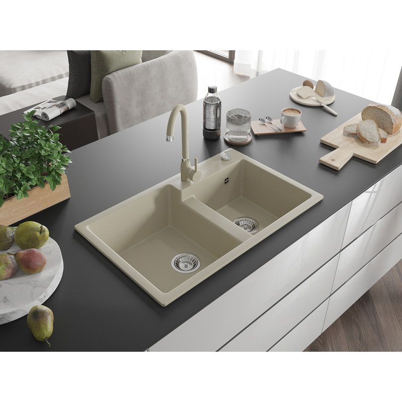 Mexen Tomas Granitspüle 2-beckig mit Küchenarmatur Telma, beige - 6516-69-670200-69
